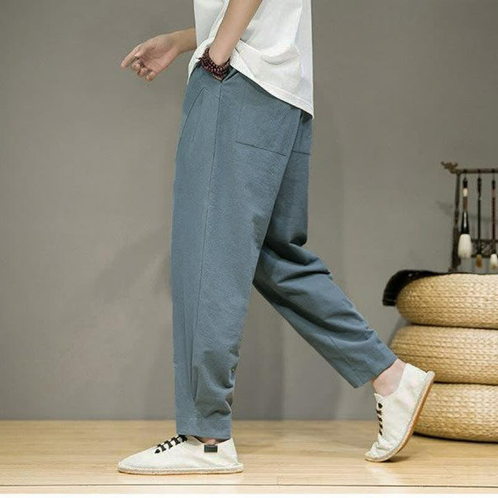 Buddha Stones Spring Summer Casual Minimalist Drawstring Solid Cropped Pants Men's Tapered Pants With Pockets - image 2