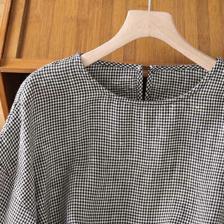 Buddha Stones Summer Casual Minimalist Plaid Crew Neck Women's Short Sleeve T-Shirts - image 3