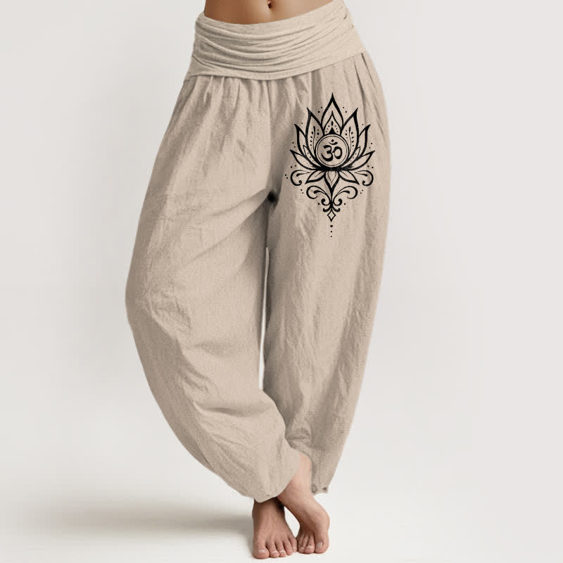 Buddha Stones Pure Cotton White Lotus Om Pattern Women's Elastic Waist Harem Pants - Tan - US16，UK/AU20，EU48 (3XL) - image 11