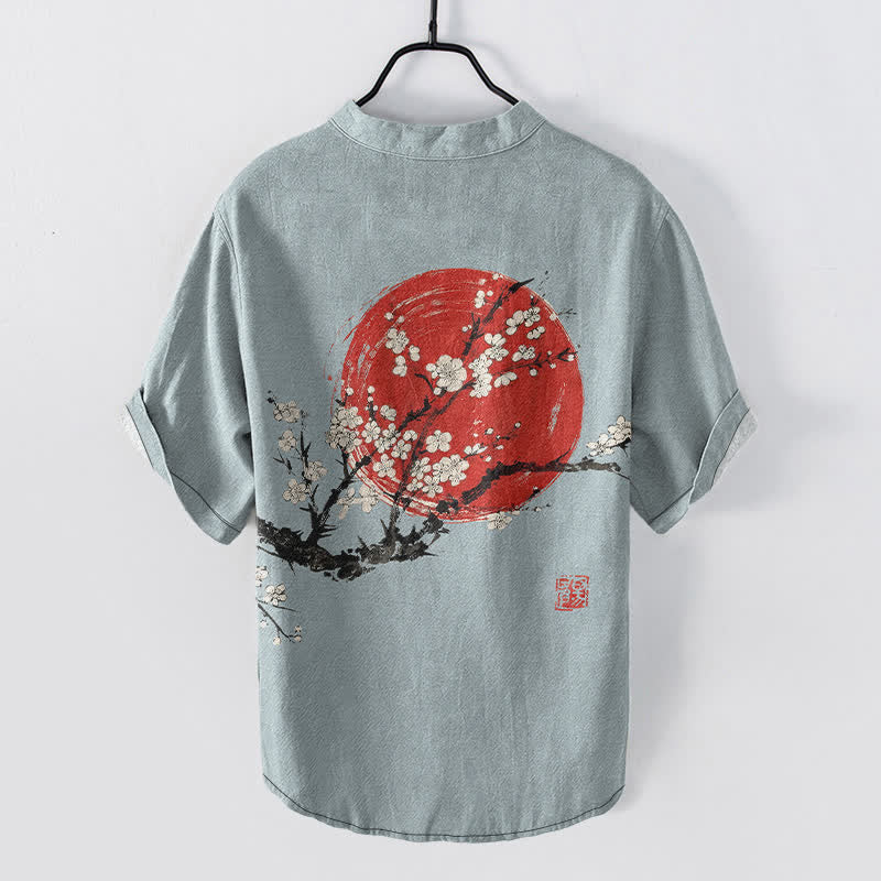 Buddha Stones Cotton Ink Plum Blossom Sun Pattern Men's Short Sleeve Half Button Shirt - image 6
