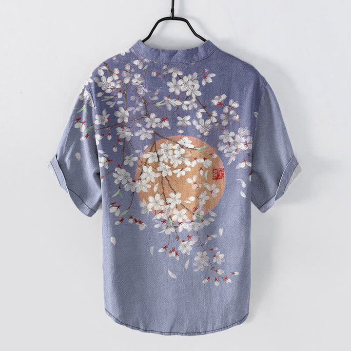 Buddha Stones Cotton Sakura Branch Sun Pattern Men's Short Sleeve Half Button Shirt - image 8
