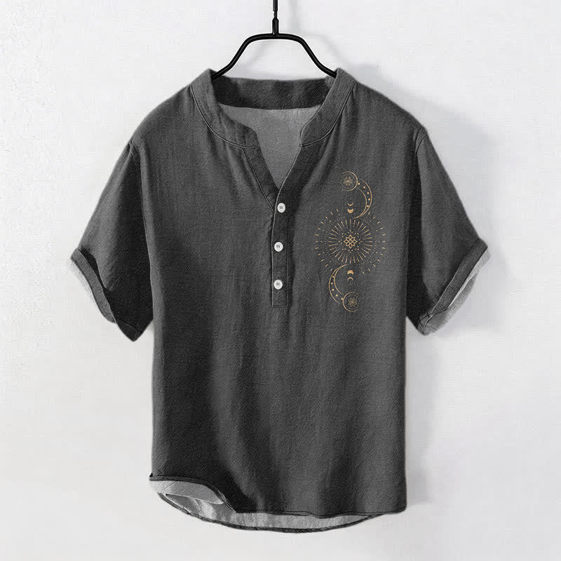 Buddha Stones Cotton Sun Moon Star Pattern Men's Short Sleeve Half Button Shirt - Black - US/UK/AU50，EU60 (5XL) - image 5