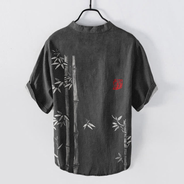 Buddha Stones Cotton Ink Bamboo Pattern Men's Short Sleeve Half Button Shirt - image 1