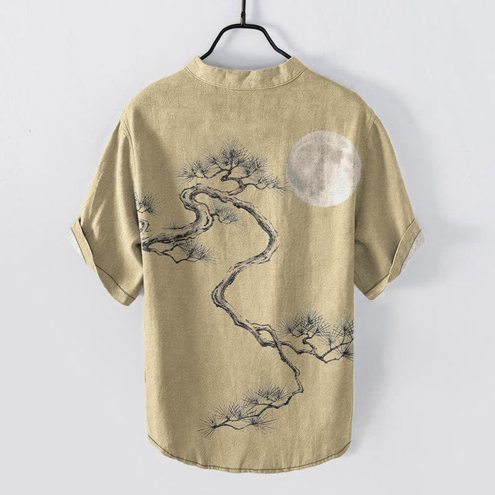 Buddha Stones Cotton Ink Moon Pine Pattern Men's Short Sleeve Half Button Shirt - image 6