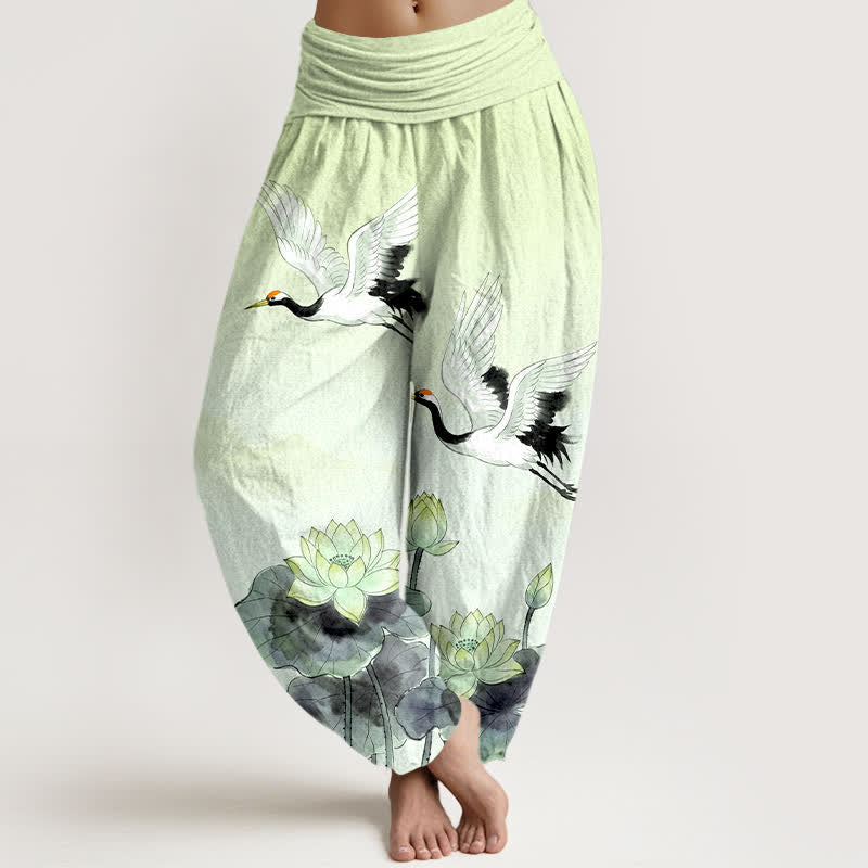 Buddha Stones Cotton Flying Crane Lotus Pattern Women's Elastic Waist Harem Pants - Honeydew - US16，UK/AU20，EU48 (3XL) - image 8