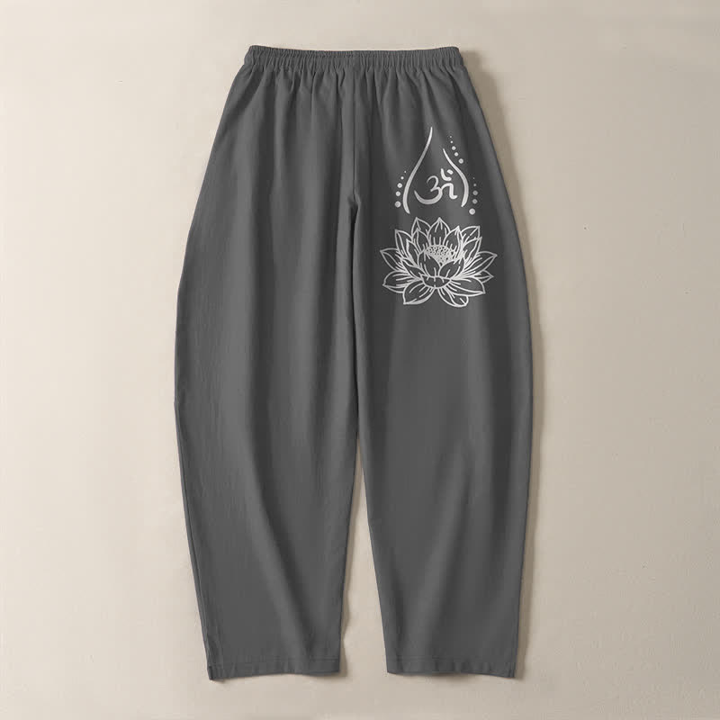 Buddha Stones Pure Cotton Sacred Lotus Om Pattern Drawstring Men's Tapered Pants With Pockets - image 10