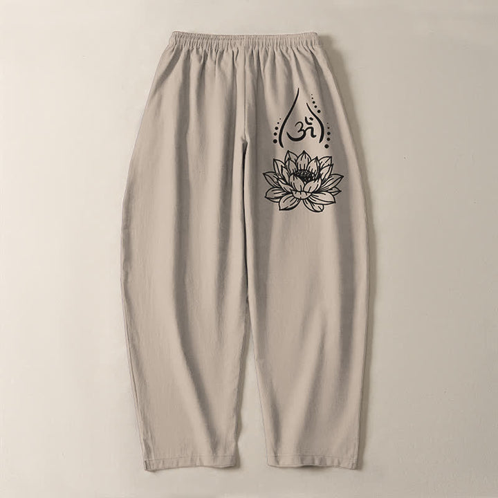 Buddha Stones Pure Cotton Sacred Lotus Om Pattern Drawstring Men's Tapered Pants With Pockets - image 14