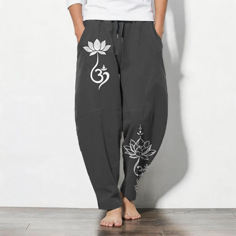 Buddha Stones Pure Cotton Zen Om Pattern Drawstring Men's Tapered Pants With Pockets - Black - US/UK/AU50，EU60 (5XL) - image 0