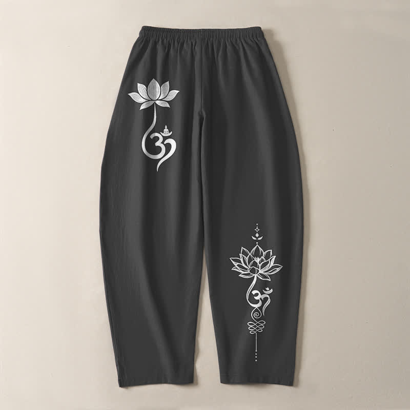 Buddha Stones Pure Cotton Zen Om Pattern Drawstring Men's Tapered Pants With Pockets - image 3