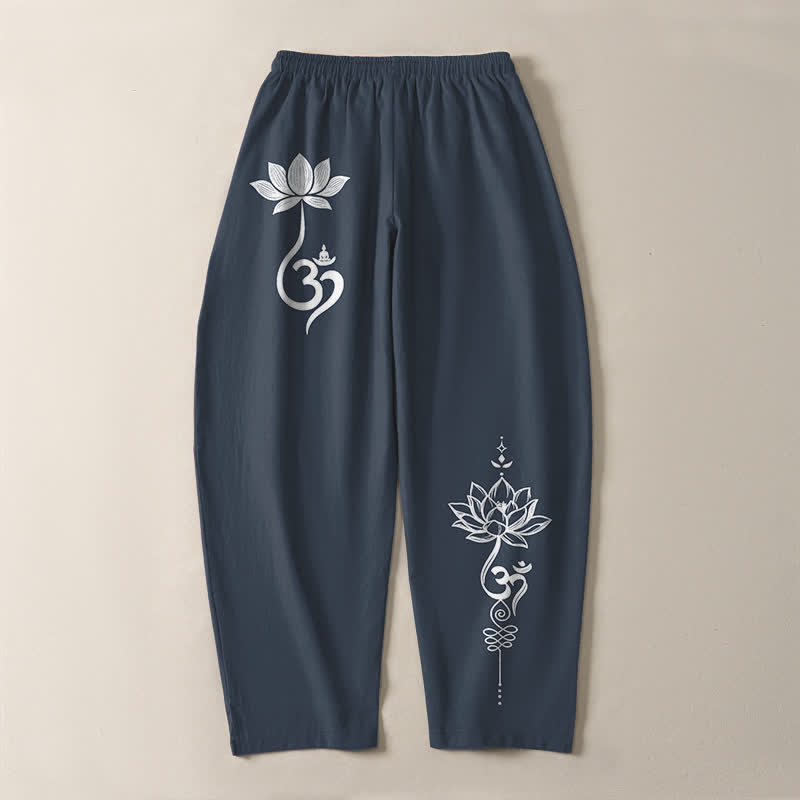 Buddha Stones Pure Cotton Zen Om Pattern Drawstring Men's Tapered Pants With Pockets - image 10