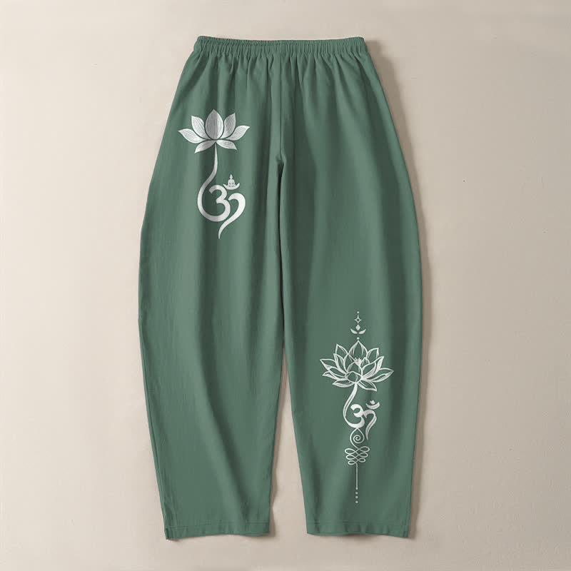Buddha Stones Pure Cotton Zen Om Pattern Drawstring Men's Tapered Pants With Pockets - image 14