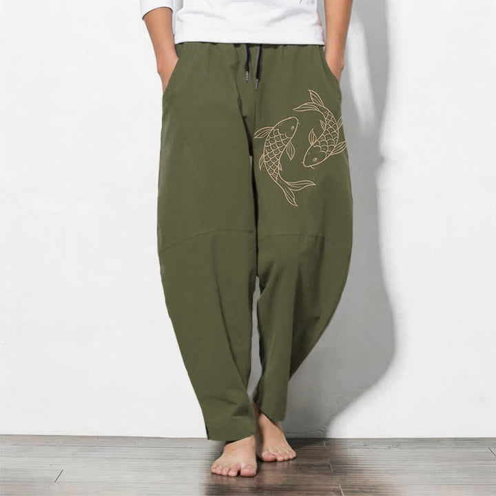Buddha Stones Pure Cotton Koi Fish Pattern Drawstring Men's Tapered Pants With Pockets - Olive - US/UK/AU50，EU60 (5XL) - image 0