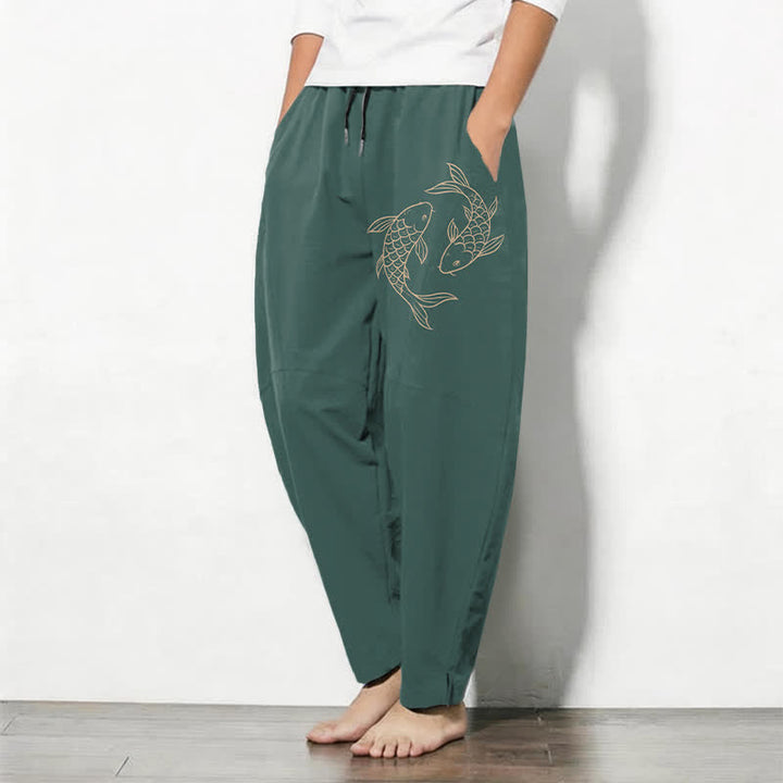 Buddha Stones Pure Cotton Koi Fish Pattern Drawstring Men's Tapered Pants With Pockets - image 12