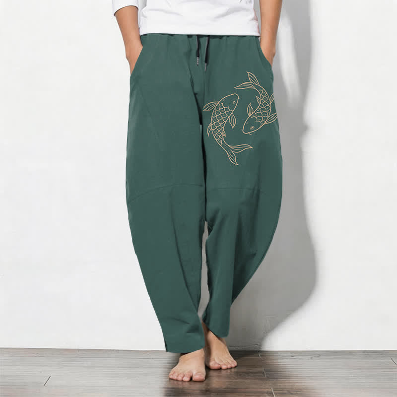 Buddha Stones Pure Cotton Koi Fish Pattern Drawstring Men's Tapered Pants With Pockets - Teal - US/UK/AU50，EU60 (5XL) - image 11