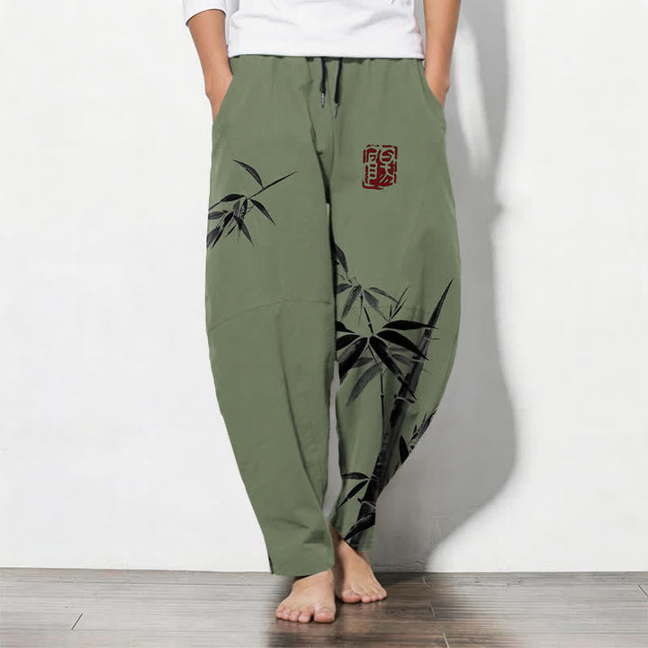 Buddha Stones Pure Cotton Oriental Ink Bamboo Pattern Drawstring Men's Tapered Pants With Pockets - DarkOliveGreen - US/UK/AU50，EU60 (5XL) - image 7