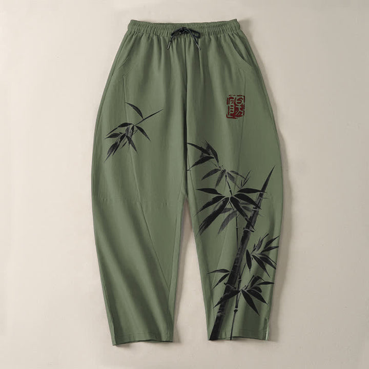 Buddha Stones Pure Cotton Oriental Ink Bamboo Pattern Drawstring Men's Tapered Pants With Pockets - image 9