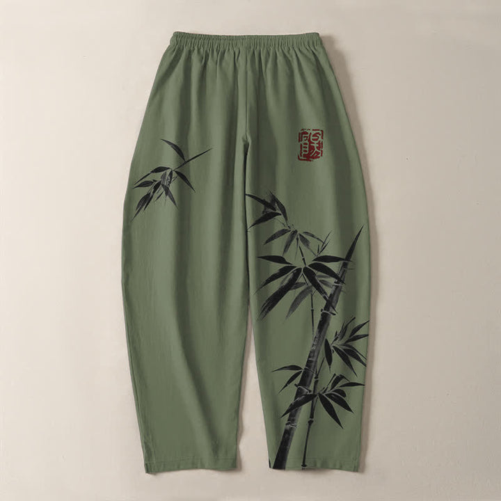 Buddha Stones Pure Cotton Oriental Ink Bamboo Pattern Drawstring Men's Tapered Pants With Pockets - image 10