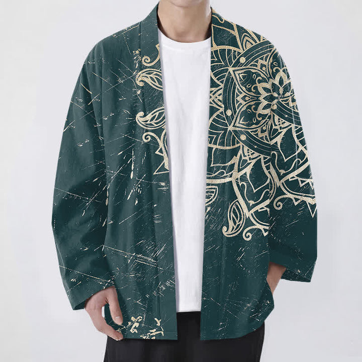 Buddha Stones Cotton Distressed Mandala Pattern Open Front Men's Kimono - Teal - US/UK/AU48，EU58 (4XL) - image 6