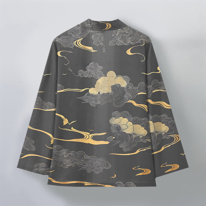 Buddha Stones Cotton Golden Cloud Pattern Open Front Men's Kimono - image 11