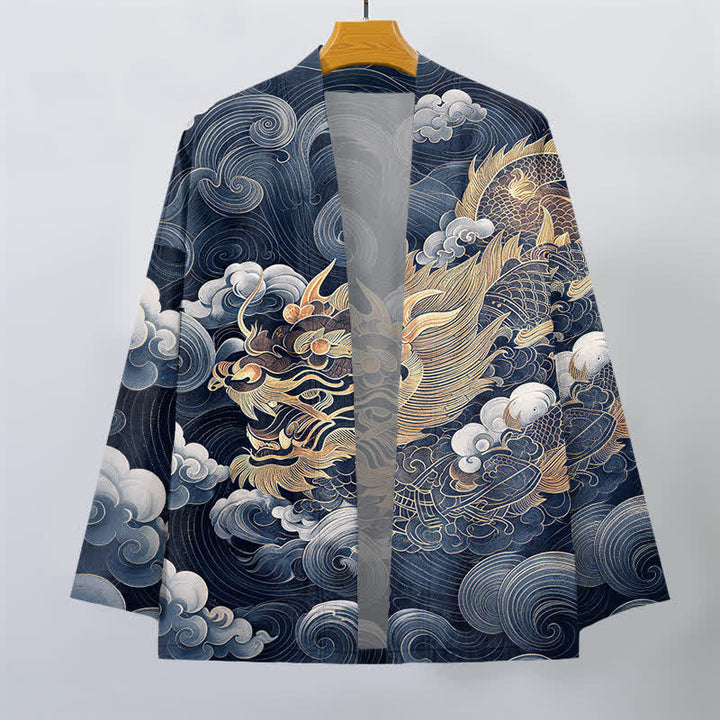 Buddha Stones Cotton Golden Dragon Cloud Pattern Open Front Men's Kimono - image 10