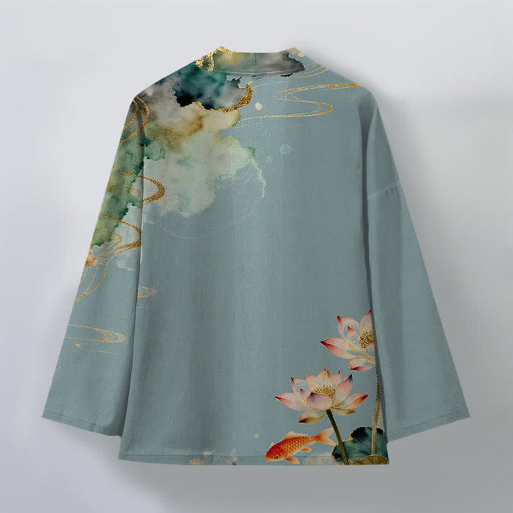 Buddha Stones Cotton Lotus Koi Ink Cloud Pattern Open Front Men's Kimono - image 2