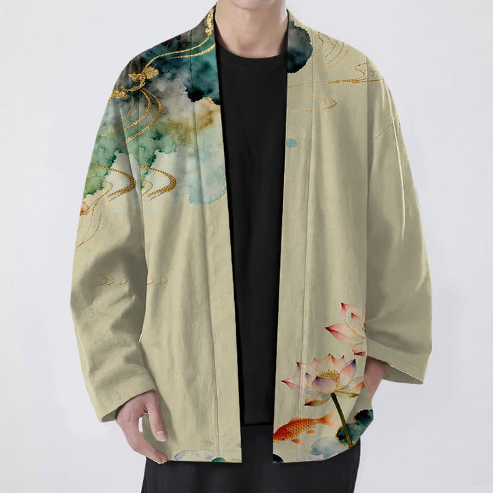 Buddha Stones Cotton Lotus Koi Ink Cloud Pattern Open Front Men's Kimono - PaleGoldenrod - US/UK/AU48，EU58 (4XL) - image 6