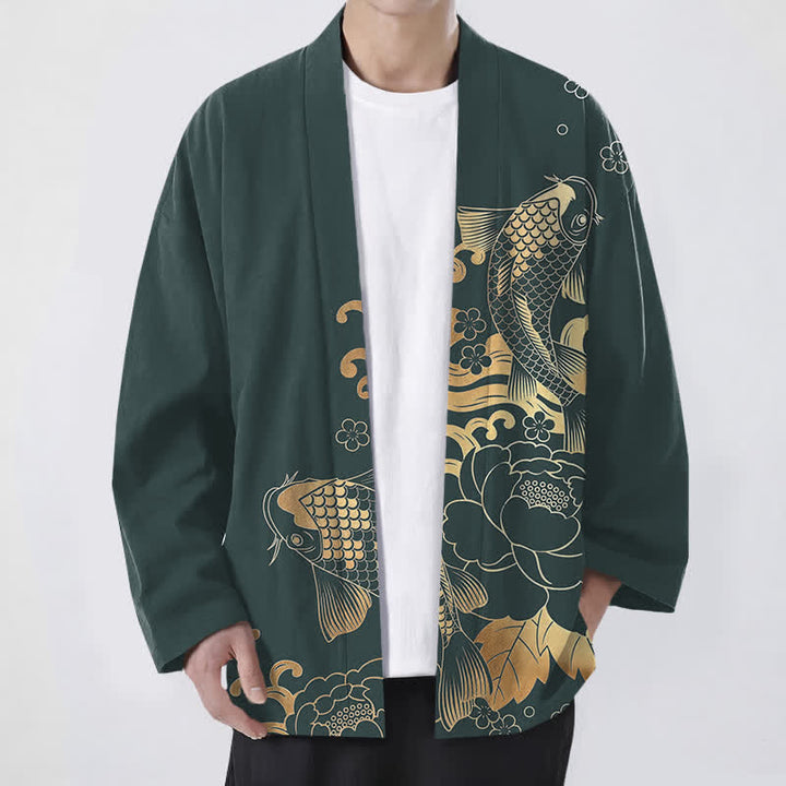 Buddha Stones Cotton Golden Koi Floral Pattern Open Front Men's Kimono - Teal - US/UK/AU48，EU58 (4XL) - image 6