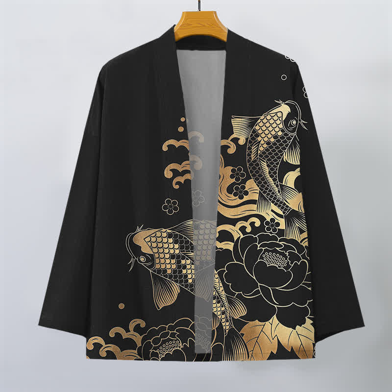 Buddha Stones Cotton Golden Koi Floral Pattern Open Front Men's Kimono - image 10