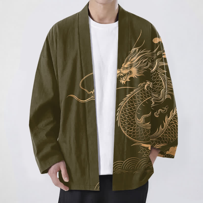 Buddha Stones Cotton Golden Dragon Cloud Wave Pattern Open Front Men's Kimono - Olive - US/UK/AU48，EU58 (4XL) - image 0