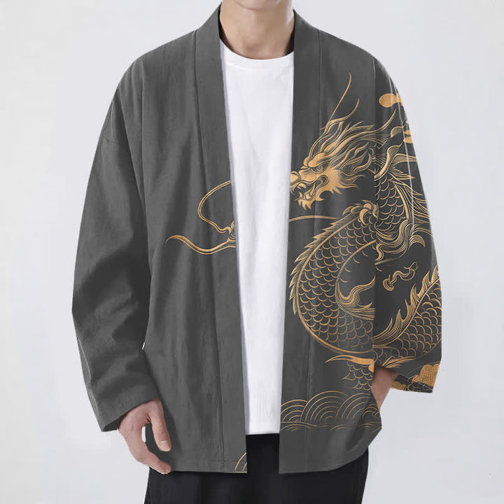 Buddha Stones Cotton Golden Dragon Cloud Wave Pattern Open Front Men's Kimono - DimGray - US/UK/AU48，EU58 (4XL) - image 6