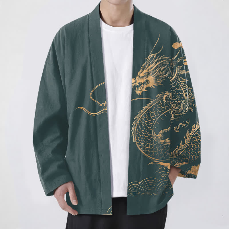 Buddha Stones Cotton Golden Dragon Cloud Wave Pattern Open Front Men's Kimono - Teal - US/UK/AU48，EU58 (4XL) - image 9