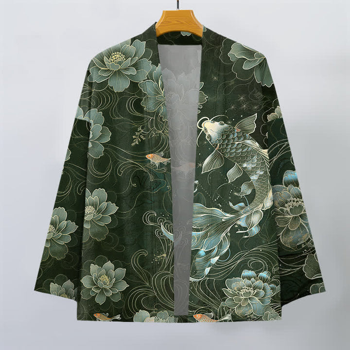 Buddha Stones Cotton Koi Lotus Flowing Waves Pattern Open Front Men's Kimono - image 10