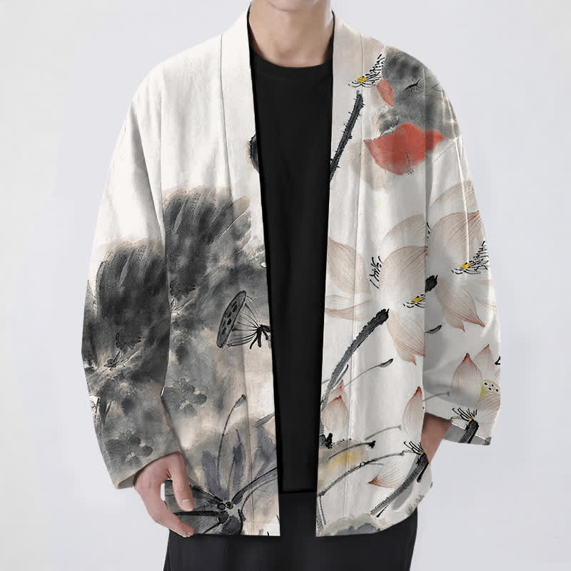 Buddha Stones Cotton Ink Lotus Pattern Open Front Men's Kimono - Black - US/UK/AU48，EU58 (4XL) - image 0
