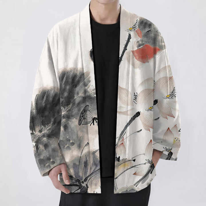 Buddha Stones Cotton Ink Lotus Pattern Open Front Men's Kimono - Black - US/UK/AU48，EU58 (4XL) - image 0