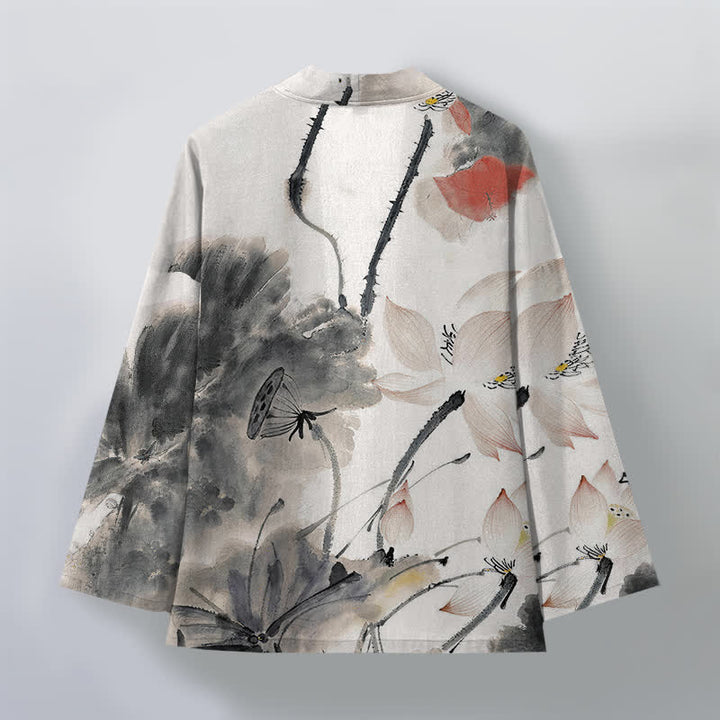 Buddha Stones Cotton Ink Lotus Pattern Open Front Men's Kimono - image 2