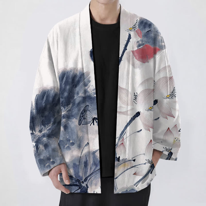 Buddha Stones Cotton Ink Lotus Pattern Open Front Men's Kimono - SteelBlue - US/UK/AU48，EU58 (4XL) - image 6