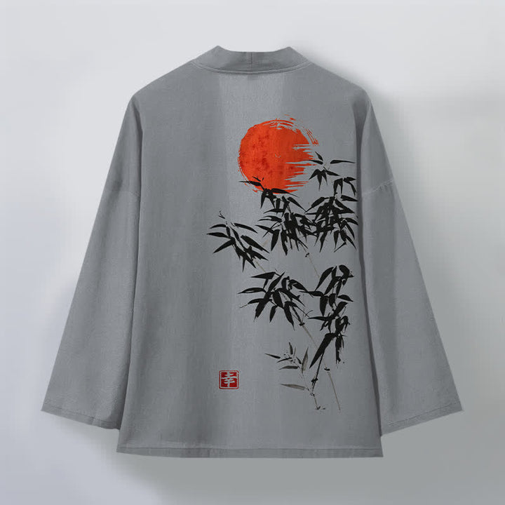 Buddha Stones Cotton Red Sun Bamboo Ink Pattern Open Front Men's Kimono - image 11