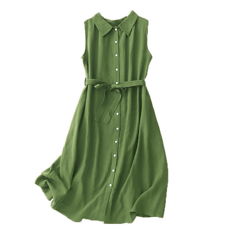 Buddha Stones Summer Plain Lace-up Button Front Design Lapel Sleeveless Cotton Midi Dress - image 13