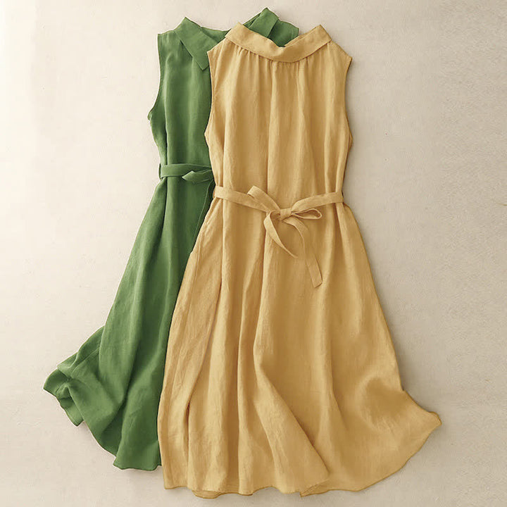 Buddha Stones Summer Plain Lace-up Button Front Design Lapel Sleeveless Cotton Midi Dress - image 14