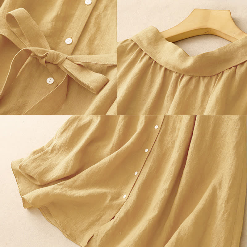 Buddha Stones Summer Plain Lace-up Button Front Design Lapel Sleeveless Cotton Midi Dress - image 7