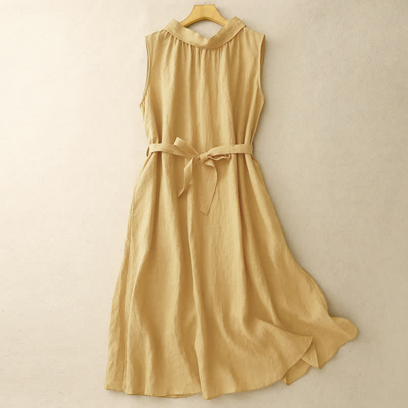 Buddha Stones Summer Plain Lace-up Button Front Design Lapel Sleeveless Cotton Midi Dress - image 1