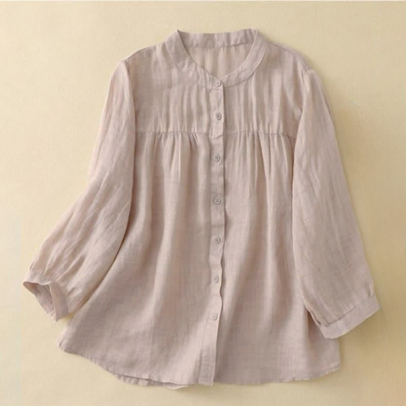 Buddha Stones Plain Crew Neck Buttons Design Three Quarter Sleeve Women's Shirt - Bisque - US14，UK/AU18，EU46 (3XL) - image 15