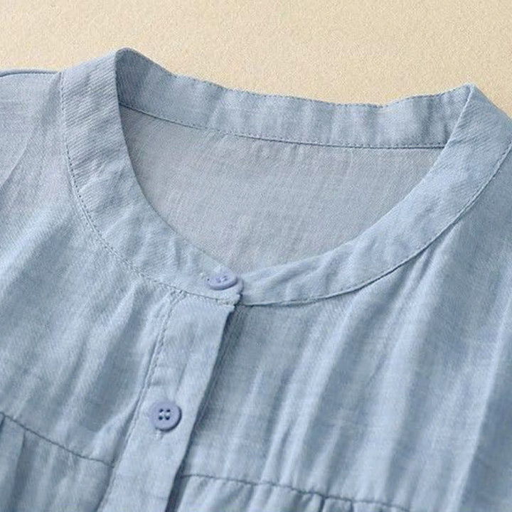 Buddha Stones Plain Crew Neck Buttons Design Three Quarter Sleeve Women's Shirt - image 6
