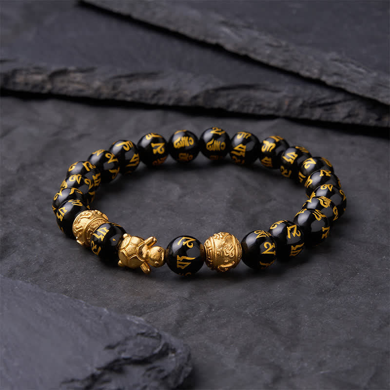 Buddha Stones Natural Black Onyx Beaded Om Mani Padme Hum Turtle Strength Bracelet - image 2