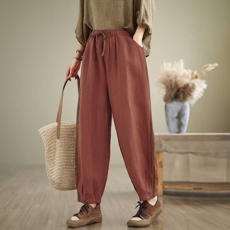 Buddha Stones Spring Summer Casual Minimalist Drawstring Solid Cropped Pants Women's Tapered Pants With Pocket - IndianRed - US8-10, UK/AU12-14, EU40-42 (2XL) - image 0