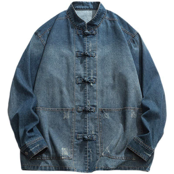 Buddha Stones Fall Vintage Tang Style Mandarin Collar Washed Solid Men's Jackets With Pocket - image 0