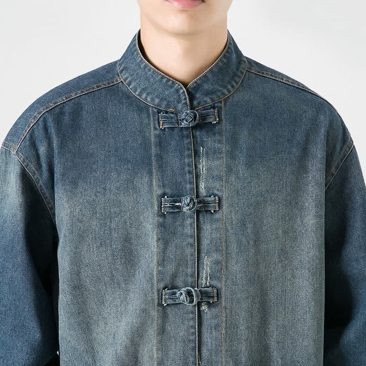 Buddha Stones Fall Vintage Tang Style Mandarin Collar Washed Solid Men's Jackets With Pocket - image 4