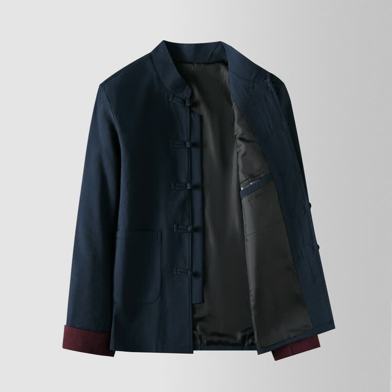 Buddha Stones Fall Winter Tang Style Vintage Mandarin Collar Frog Button Solid Men's Jackets With Pocket - image 1
