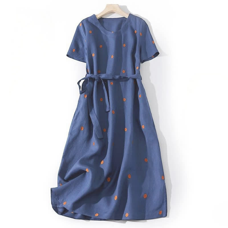 Buddha Stones Casual Dot Pattern Short Sleeve Lace-up Women's Midi Dress With Pockets - DarkBlue - US8-10，UK/AU12-14，EU40-42 (2XL) - image 0
