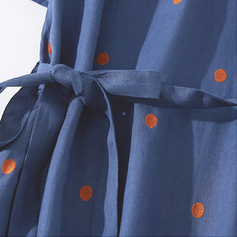 Buddha Stones Casual Dot Pattern Short Sleeve Lace-up Women's Midi Dress With Pockets - image 1